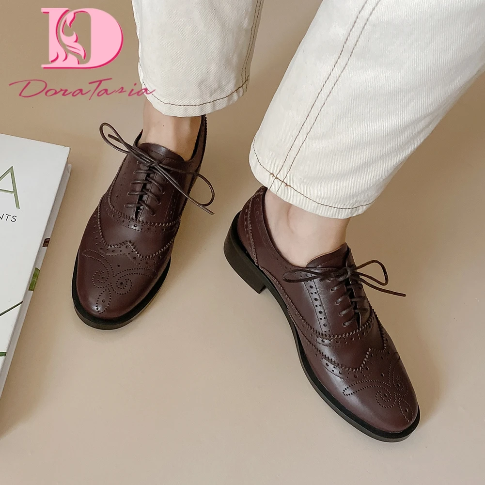

Doratasia New Fashion Genuine Cow Leather Brogue Shoes Woman Pumps Pigskin Lace-Up Spring Casual Pumps Women Shoes