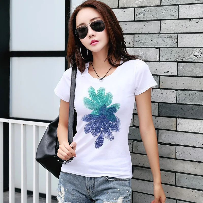 Женская футболка с коротким рукавом Корейская версия тонкая белая принтом |