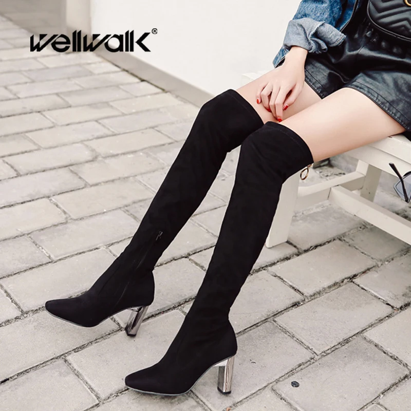 

Wellwalk Elastic Fabric High Boots Silver Heels Women Faux Suede Over The Knee Boots Pointed Toe Female Stretch Long Booties