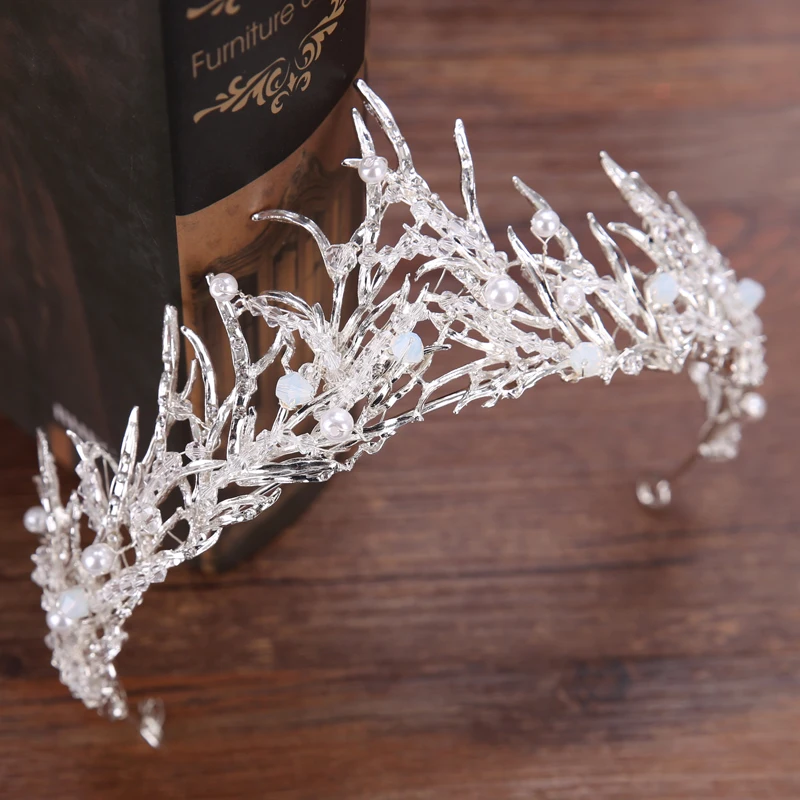 Роскошные серебряные свадебные украшения для волос с кристаллами и жемчугом, Королевская корона, стразы, диадемы для невесты, свадебные аксессуары ручной работы - Окраска металла: Серебристый