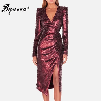 

Bqueen 2019 New Vestidos Women Long Sleeve V Neck Slim Sequined Drapped Dress Party Sexy High Slit Wrap Bodycon Dress