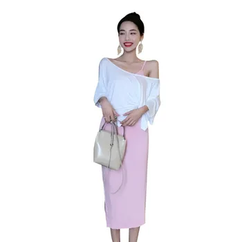 

2pc Set Women Sexy Small Fragrance Wind Solid Color Women's Sets Dress + Loose Casual One Shoulder Tops Set Of Clothes!