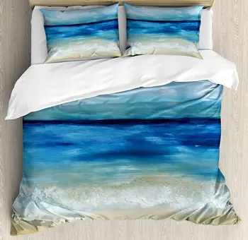 

Art Duvet Cover Set Tropical Sandy Beach Pure Waves Tranquil Ocean under Clouds Summer Scenery Bedding Set Navy Blue Light Brown