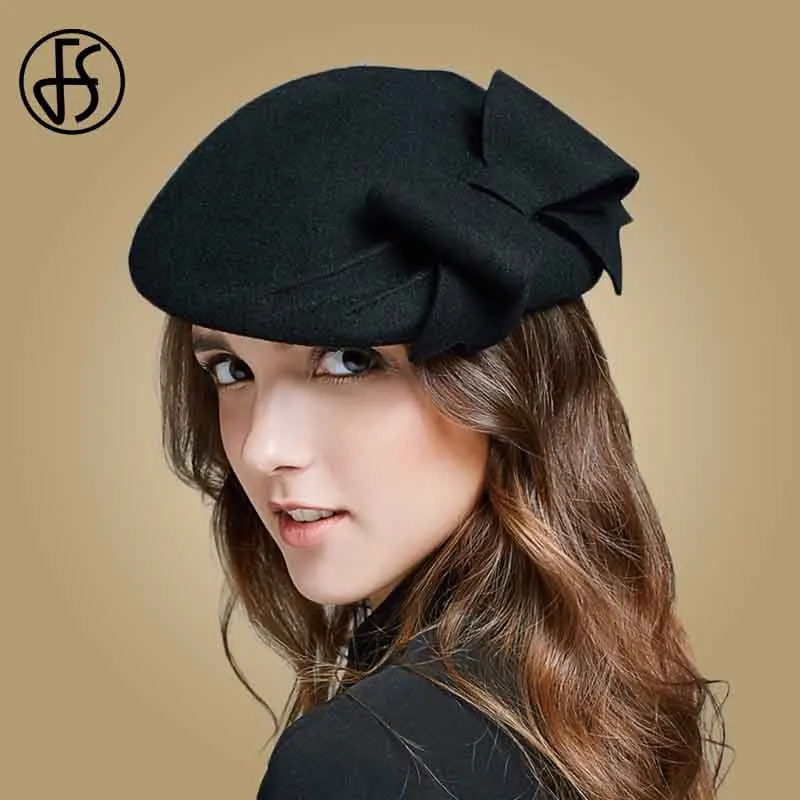 Black Wool Hat FS Леди Черный Белый шерсть французская шляпа берет для женщин Осень Зима Винтаж чародей бант фетровые шляпки с полями - Цвет: Black Wool Hat