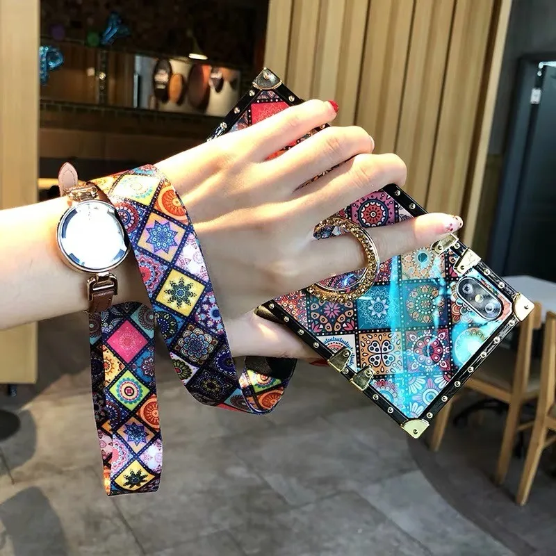 

Luxury Blue Ray Flower rose square silicone holder Strap phone case for iphone 7 8 6 6s plus X XR XS Max 11 Pro Max Cover