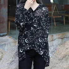 Шифоновая Блузка для женщин с принтом Луны и звезды, отложной воротник, рубашка с длинными рукавами, Camisa Femenina, на элегантных кнопках, женская рубашка на пуху