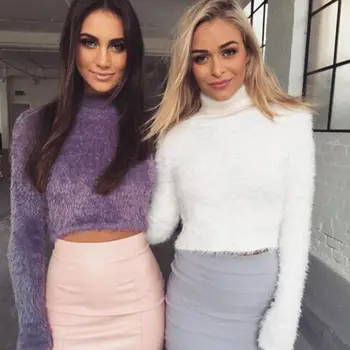 

Women Sweater Winter Wool Mohair velvet Fleece Soft Plus Size Elasticity Casual Long Sleeve Thick Pullover Loose Crop Sweaters
