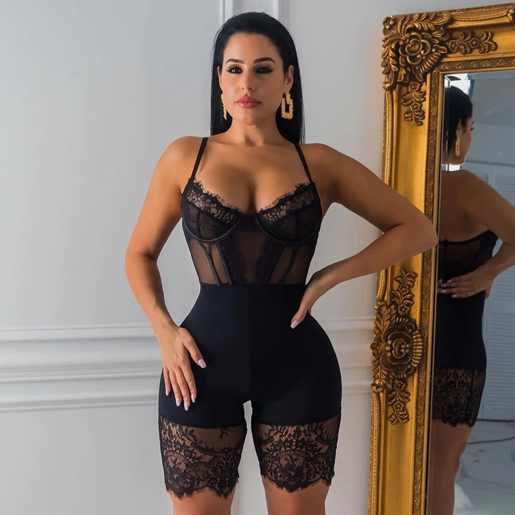 OMILKA кружевные комбинезоны осенние женские спагетти ремень V шеи спинки Bodycon полые Клубные вечерние короткие комбинезоны спортивные костюмы