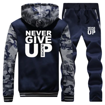 

Mens Sports Suit NEVER GIVE UP Letter Print Male Jacket Zip Street Brand Costume Men Winter Thick Hoodie Sports Trousers 2 Piece