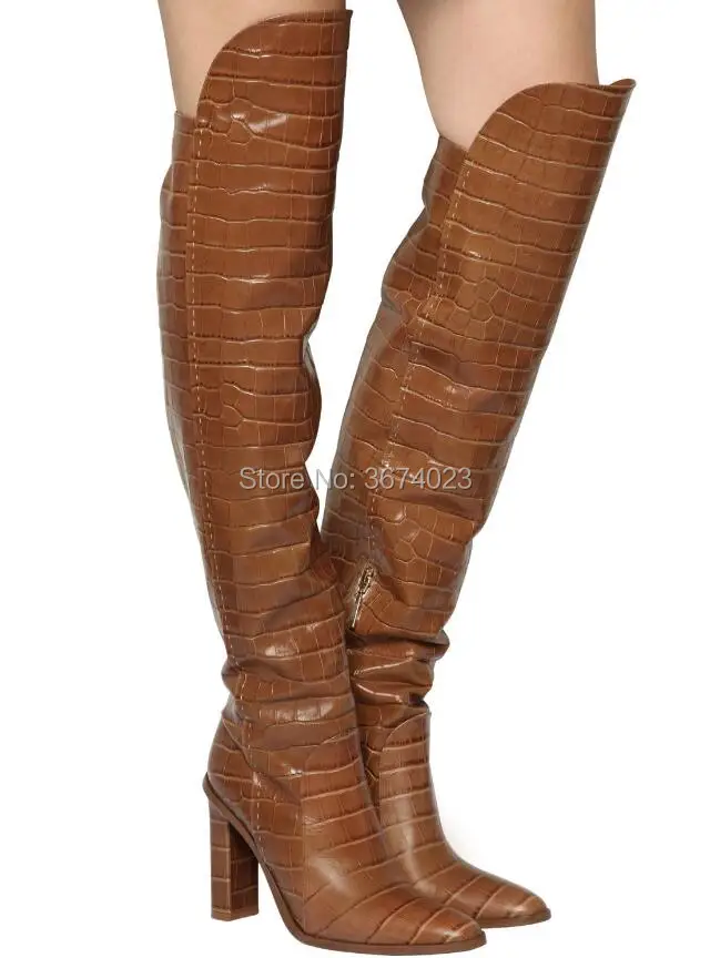 Qianruiti Alligator Overknee Boots Fashion Show Embossed Leather High Heels Pointed Toe High Heels Crocodile Boots Women - Цвет: as pics