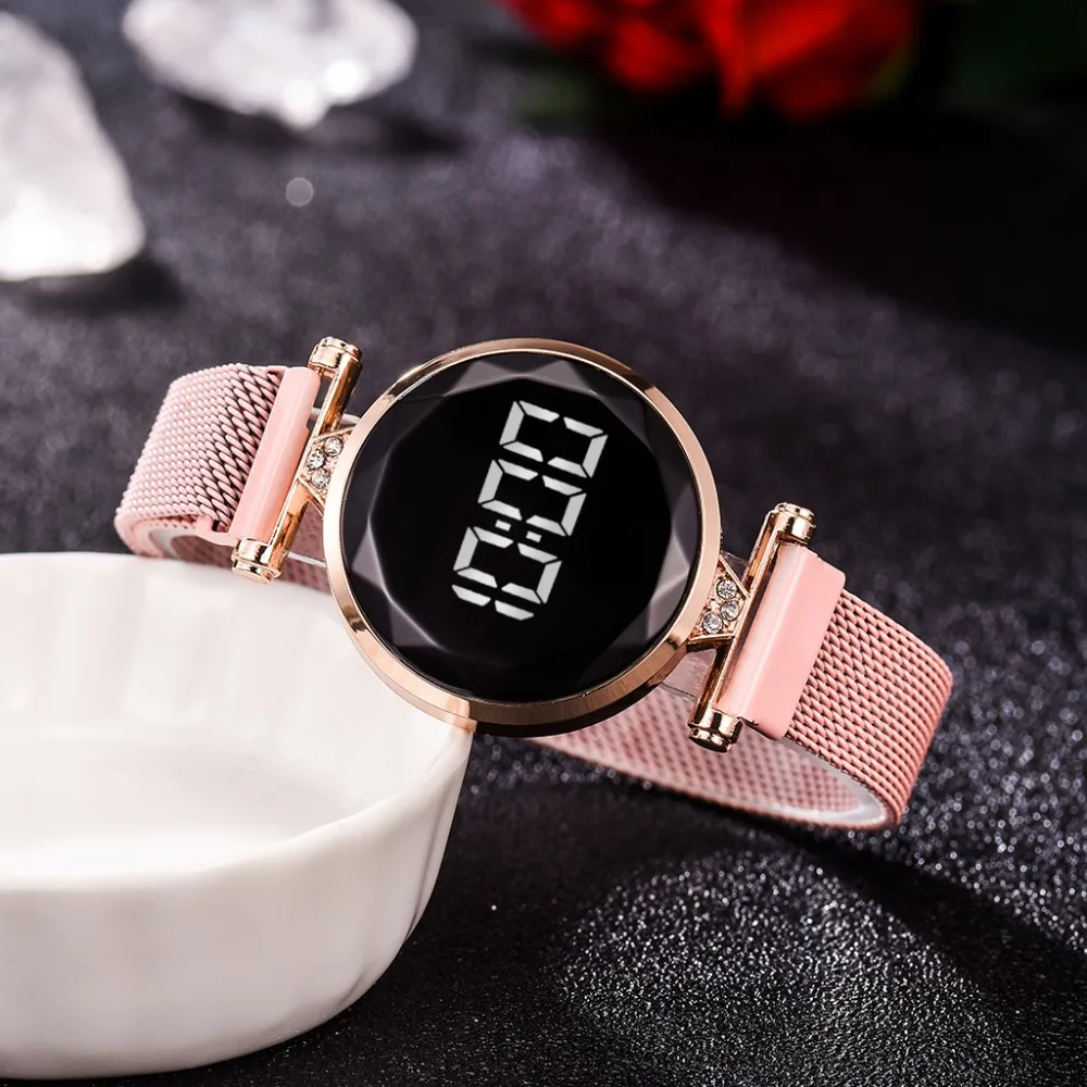 5pcs Set Bracelet Watch Women Luxury Digital Magnet Rose Gold Stainless Steel Led Quartz Watches Relogio Feminino Dropshipping ladies crystal bracelet watches