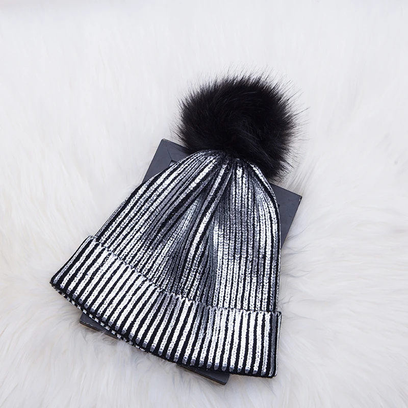 Зимние теплые вязаные Металлические Блестящие женские шапки с помпоном, мягкие повседневные шапочки, шапка для дам, модные шерстяные шапки