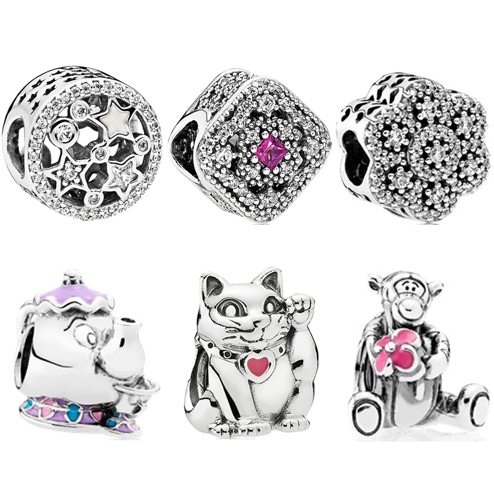 Fit Pandora женские DIY Браслеты ожерелье ювелирные изделия серебряные бусы жемчуг кошка чайник звезда Национальный кулон в форме флага подвески
