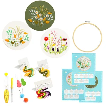 

3 Sets Embroidery Starter Kit Cross Stitch Kit Include Embroidery Clothes with Patterns, Hoops, Threads Tools Kit For Women Gift
