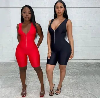 

Women's Sleeveless Bodysuit Sports Jumpsuit Dance Sling Deep V-Neck Knee Length Solid Zipper Bodycon Playsuit for Workout Yoga