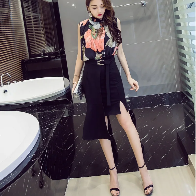 

New Products High-waisted Long Skirts Big Hemline Lace-up Irregular Sheath + Sleeveless off-Shoulder-Loose-Fit Chiffon Blouse Se