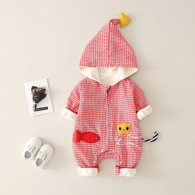 Cartoon Kitten Goes Fishing Baby Hooded Outfits Romper Cotton Zipper Baby Rompers for Autumn Winter Infant Costume 6-24 Months