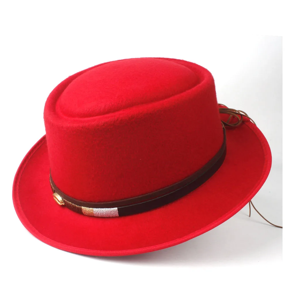 Unisex Men Women Pork Pie Hat With Belt Retro Trilby Hat Tea Party Hat Outdoor Casual Wool Flat Fedora Jazz Hat Size 58CM