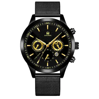 

SHAARMS Cool Men Watch Black Mesh Band Stainless Steel Quartz Wristwatch Male Fashion Man Wristwatch Relogio Masculino