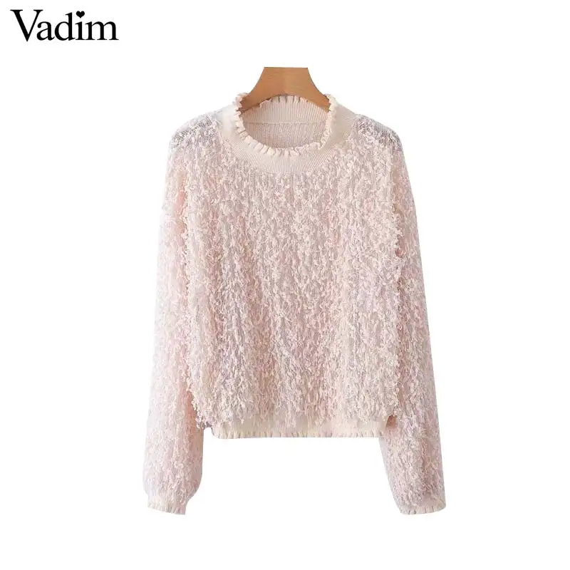 Женское элегантное платье vadim розовый короткий вязаный свитер с кисточками в стиле пэчворк с длинными рукавами прозрачный обрезанный женский топ шикарный пуловер Топы HA433