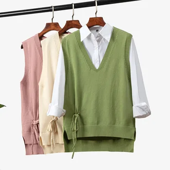 

Womens Casual Knitted Sweater Vest Fashion Korean V-neck Sleeveless Sweaters Waistcoat Female Green Student Tops Outerwear Vests