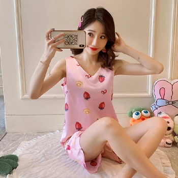 

Sleeveless Women's silk satin pajamas set summer V-neck casual printing loose home service plus fat large size M-XXXL sleepwear