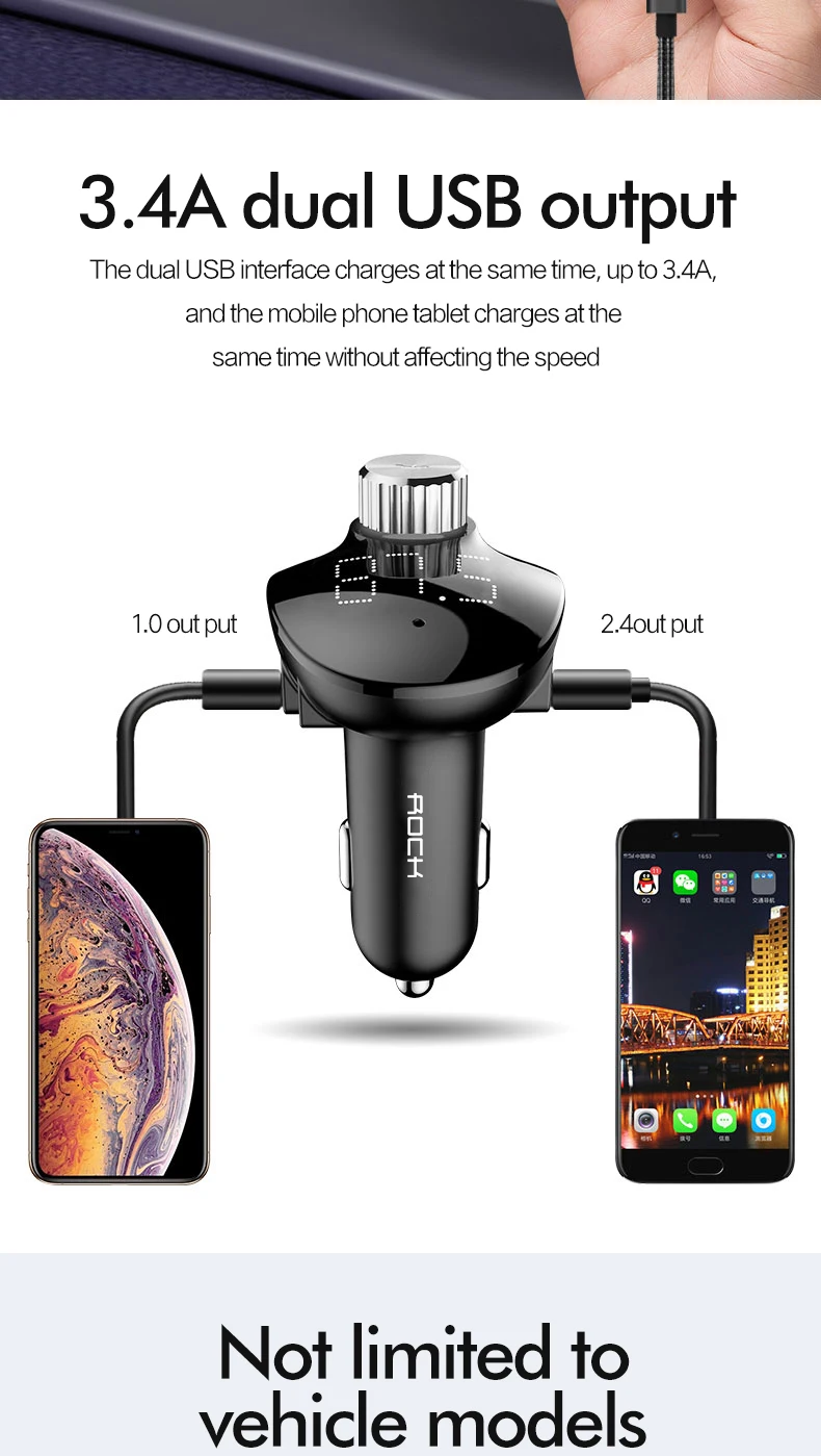 ROCK 3.4A Dual USB Автомобильное зарядное устройство для iPhone мобильный телефон с fm-передатчиком Bluetooth приемник громкой связи аудио MP3 плеер TF карта