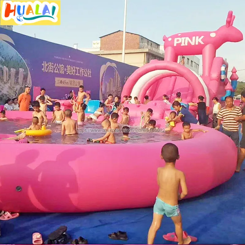 Открытый Гигантский Надувной розовый водная горка с бассейном аквапарк горка городской батут замок надувной для детей/взрослый из ПВХ 24X5 м