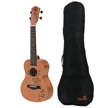 

23 Inch Black Uke Bag Waterproof Backpack Bag & Concert Ukulele 23 Inch Uku 4 Strings Guitar Mahogany Neck Flower Vine