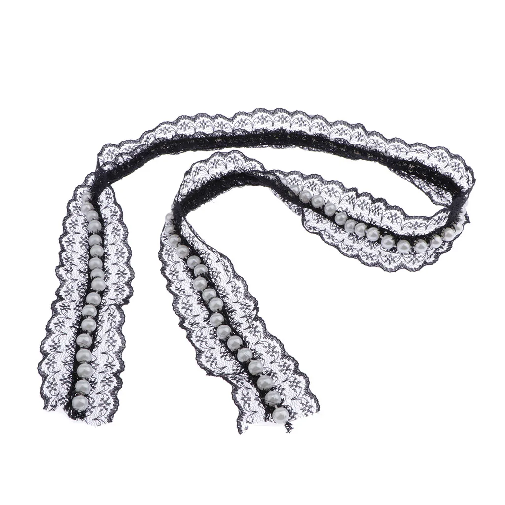 1 Yard Embroidery Lace Ribbon Trim with Pearl Cushion Curtain Ornament Tulle Mesh Craft Ribbon for Dress Decor Sewing Accessory