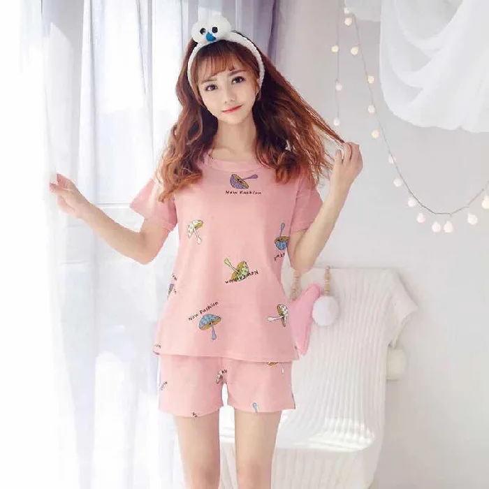 

Summer Short Sleeve Small Mushroom Pajamas Women's Suit Qmilch M -Xxl