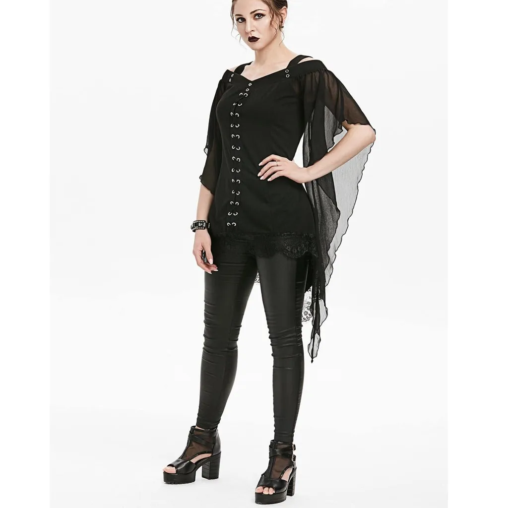 

Halloween Witch Top Women Gothic Cross Lace Insert Batwing Sleeve T-shirt Plus Size Tops Ladies V Neck Bandage Chiffon Patchwork