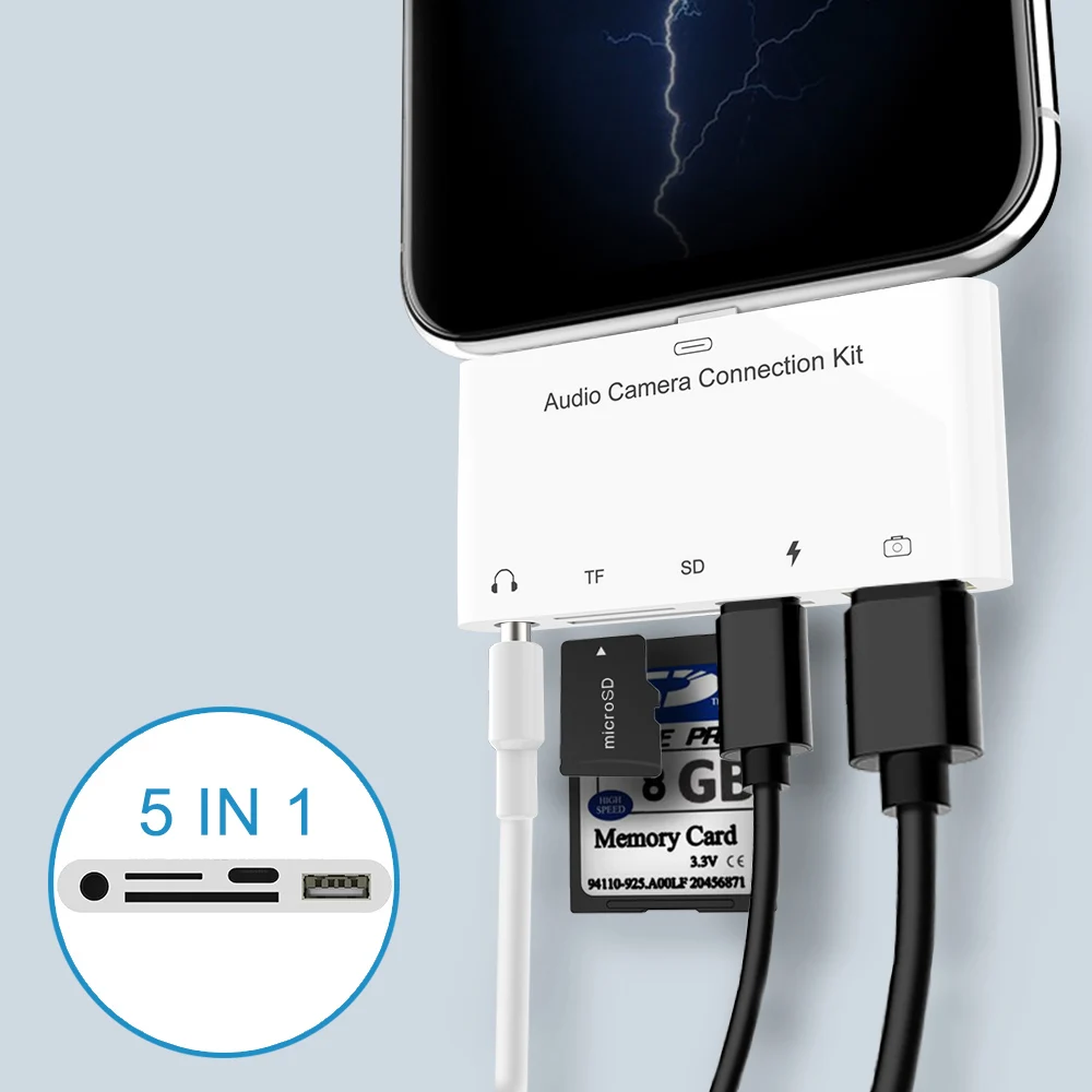 5 в 1 комплекты для подключения камеры Lightning к SD TF кард-ридеру, USB 3 адаптер для камеры, 3,5 мм разъем для наушников, зарядка для Lightning