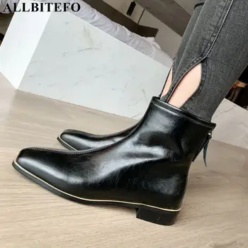 

ALLBITEFO large size:34-43 genuine leather square toe low-heeled comfortable women boots thick heels ankle boots for women