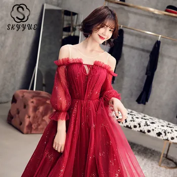 

Prom Dresses Burgundy It's Yiiya ER216 Out Off Shoulder Tea Length Formal Party Gowns Puff Sleeve Tie Bow Vestidos De Fiesta