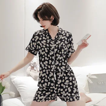 

HaloSweet Two Piece Pajamas Female Summer Silk Short Sleeve Shorts Silk Sleepwear Women Home Wear Set Pyjama Satin Femme