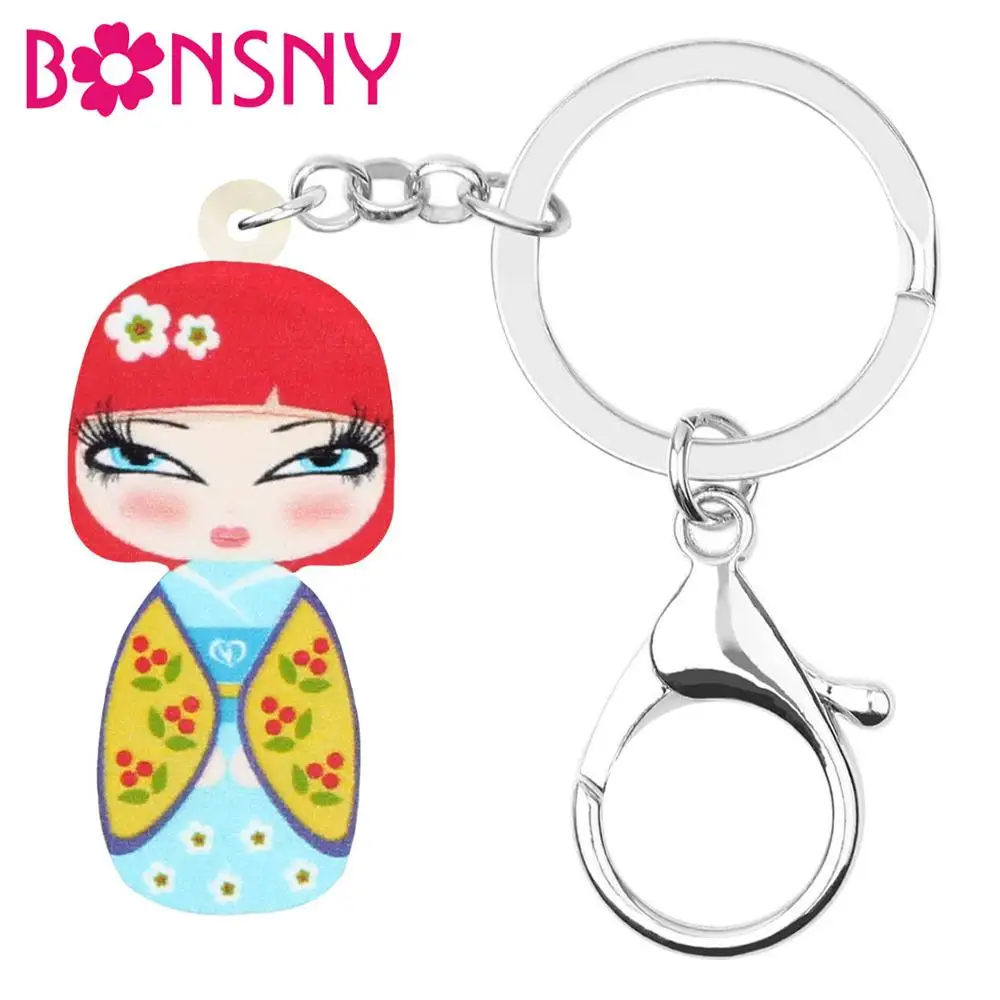 Bonsny Acrylic Lovely Japanese Doll Keychains Keyring Realistic Key