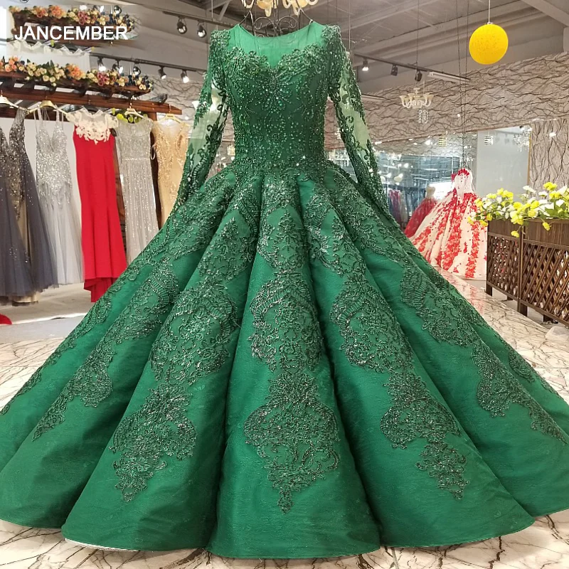 LS0447 floor length puffy green evening dress o-neck long tulle sleeves lace up back pleat evening party dresses quick shipping 1