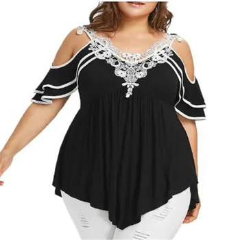 

Plus Size Women Lace Appliques Cold Shoulder V-Neck Tee Top Ladies Shirt Casual Short Sleeve Blouse Summer hollow out Blusa