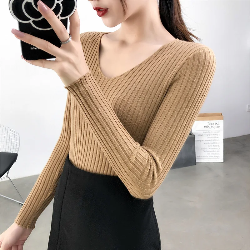 

2019 Autumn Knitted Sweater Women V-neck Simple Pullovers Korean Slim Sweater Female Casual Tops New Winter Jumper Pull Femme