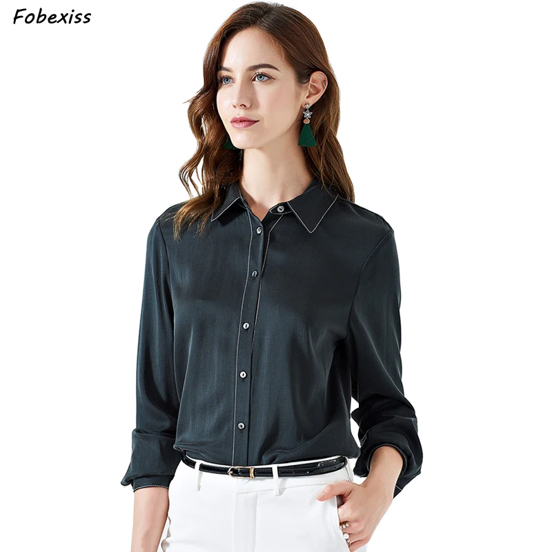 

Natural Silk Blouse Women Fall 2019 Long Sleeve Elegant Black Real Silk Satin Shirts Women Cardigan Buttoned Down Shirt Women