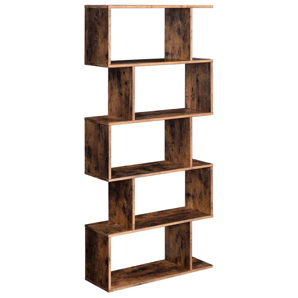 

Staggered Bookcase Wooden Industrial Style 5-Tier Display Rack Room Divider Freestanding Storage Shelf Bookshelf Vintage Color