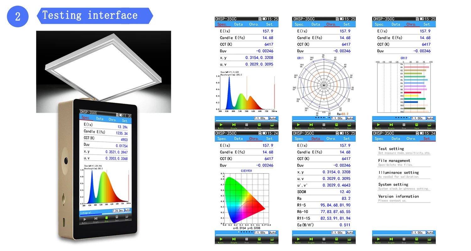 Hopoocolor handheld spectrometer OHSP-350C 380-780 nm LED light spectrometer CCT CRI Lux meter