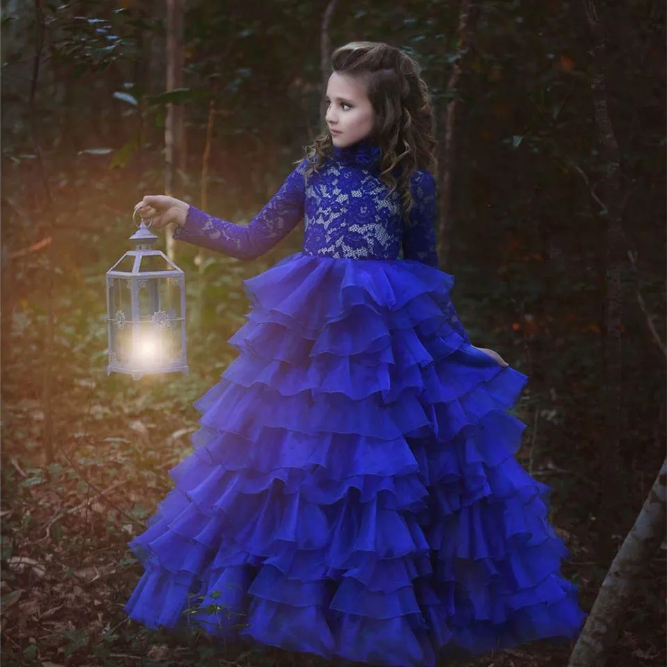 Королевский синий цвет, г., Платья с цветочным узором для девочек на свадьбу, бальное платье с длинными рукавами, кружевное Многоуровневое длинное платье для первого причастия маленькая девочка