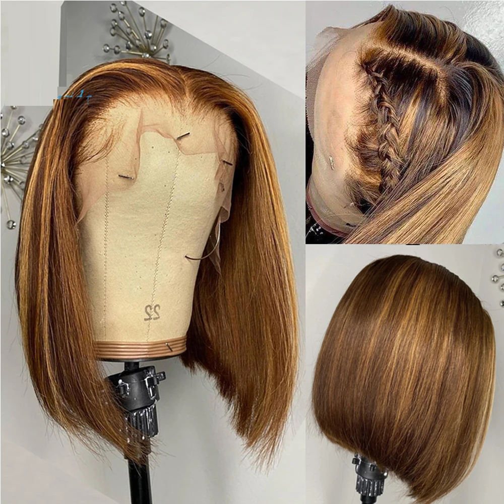 

Cut Short Bob Wig Lace Front Wig Highlights Blonde Wig Straight Human Wig 5*5 PU Silk Base Wig Preplucked Middle Ratio Hair Wig