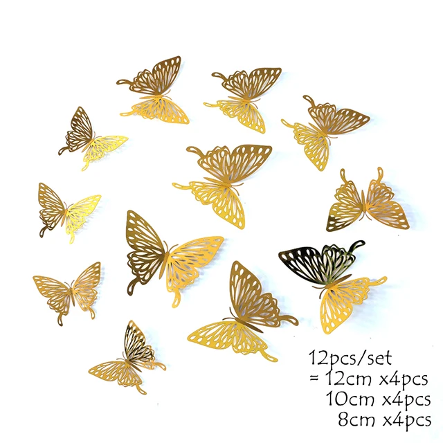 12Pcs 4D Hollow Butterfly Wall Sticker DIY Home Decoration Wall Stickers wedding Party Wedding Decors Butterfly Kids Room Decors gold 6