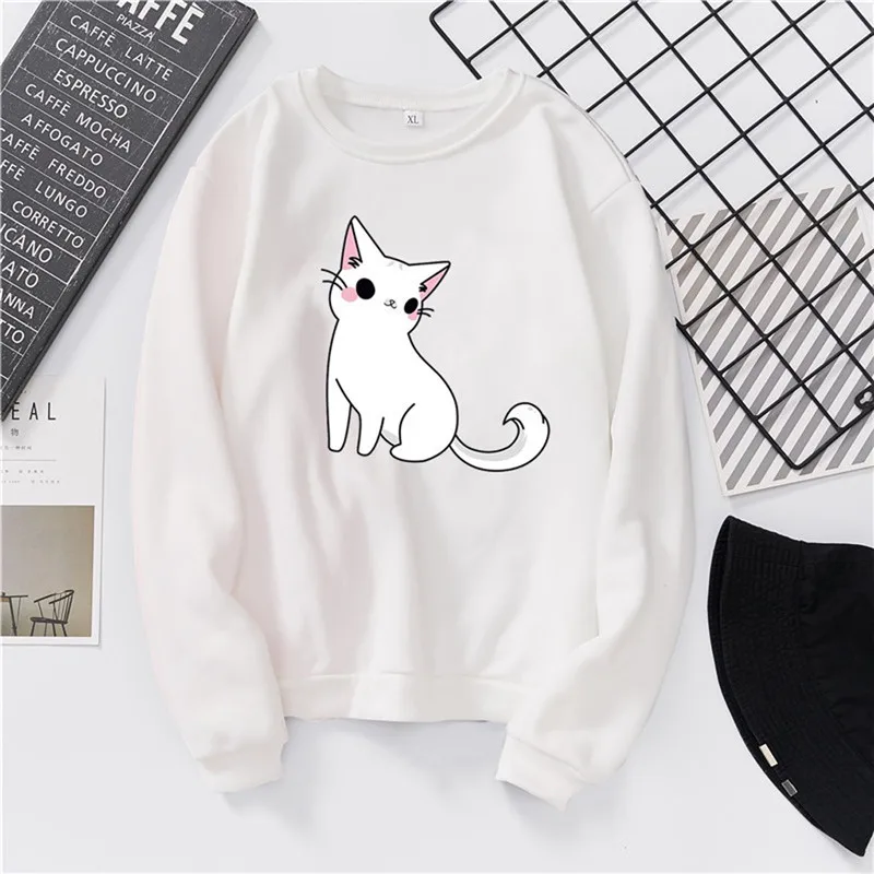 

Hoody Woman Fashion Casual Loose O-Neck Cat Print Hoodie Printed Pullove Women's Sweatshirt kpop Feminine Itself Fur Coat