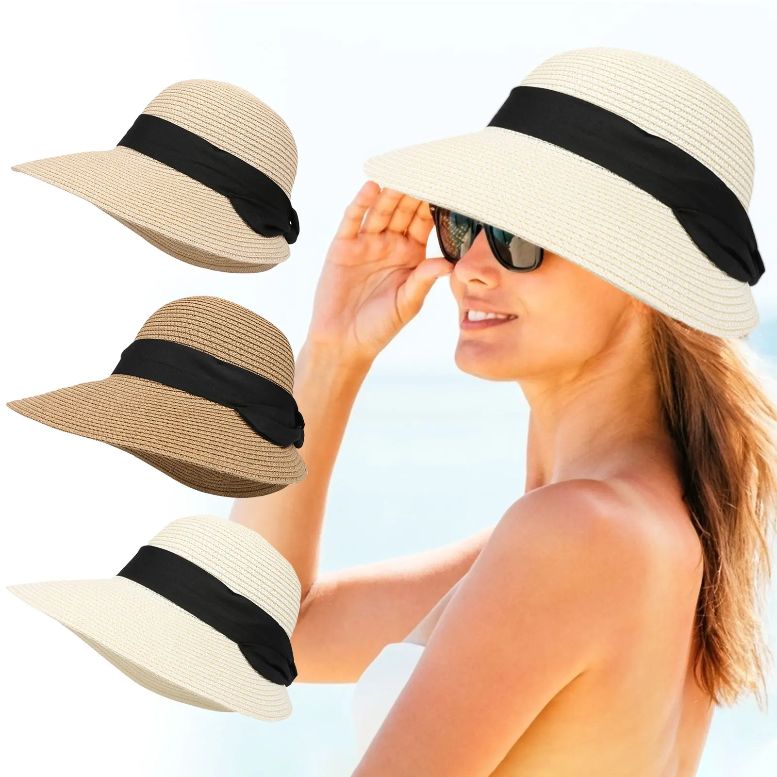 Adjustable Beach UV Straw Hat Travel Summer Dome Large Brim Woven Hat Floppy Sun For Women