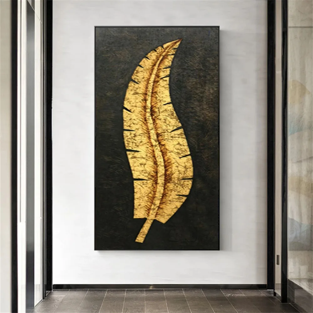 

100% Handmade Large Long Retro Style Paint Black Gold Leaf Oil Painting Hand Painted Office Home Wall Art Textured Canvas Art