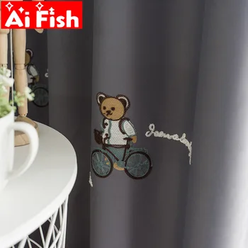 

Modern Cartoon Children's Bedroom Curtains Gray Bear Riding a Bicycle Embroidered Semi-Blackout Curtains For living Room MY012-5